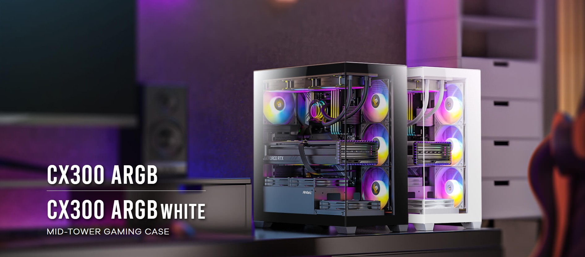 Antec CX300 ARGB Black PC Case Antec CX300 ARGB Black mid-tower gaming case with panoramic tempered glass and ARGB fans