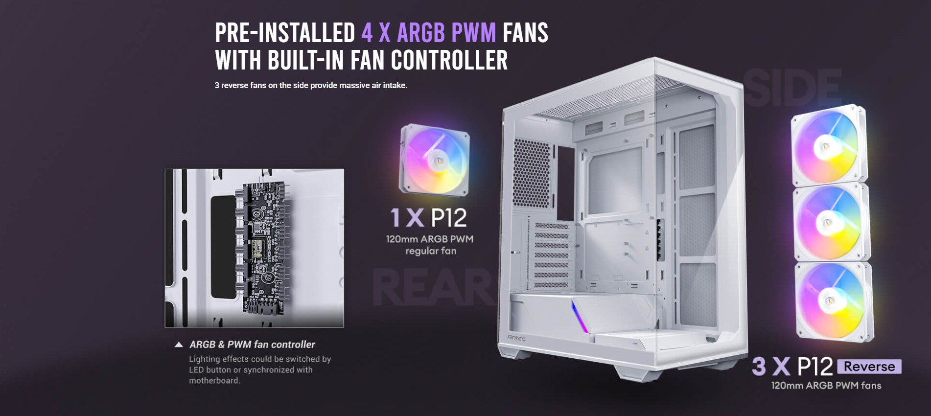 علبة كمبيوتر Antec C3 ARGB بيضاء متوسطة الحجم مزودة بزجاج مقوى بزاوية 270 درجة ومراوح ARGB