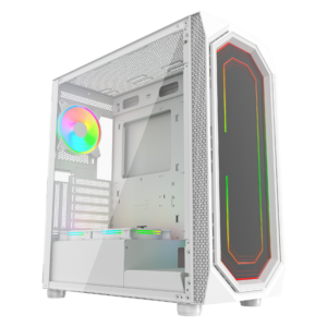 علبة كمبيوتر GAMEMASTER MX700 بيضاء اللون مزودة بزجاج مقوى وتصميم تبريد عالي التدفق الهوائي