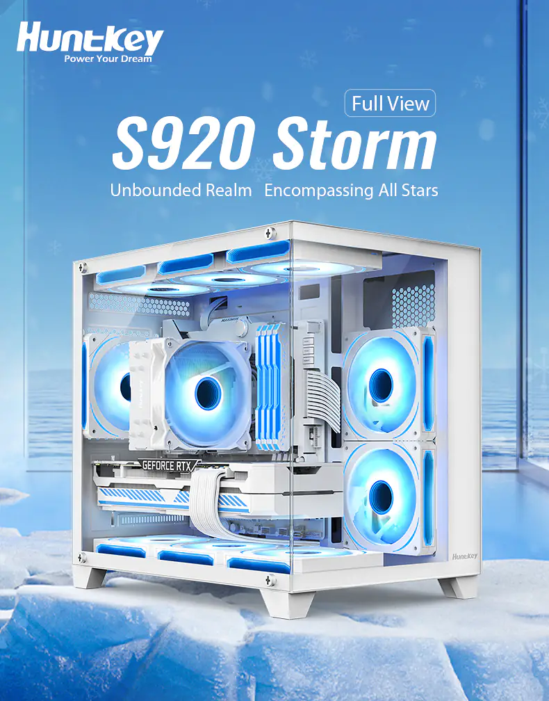 علبة كمبيوتر Huntkey S920 Storm Full View مزودة بزجاج مقوى مزدوج ودعم 9 مراوح