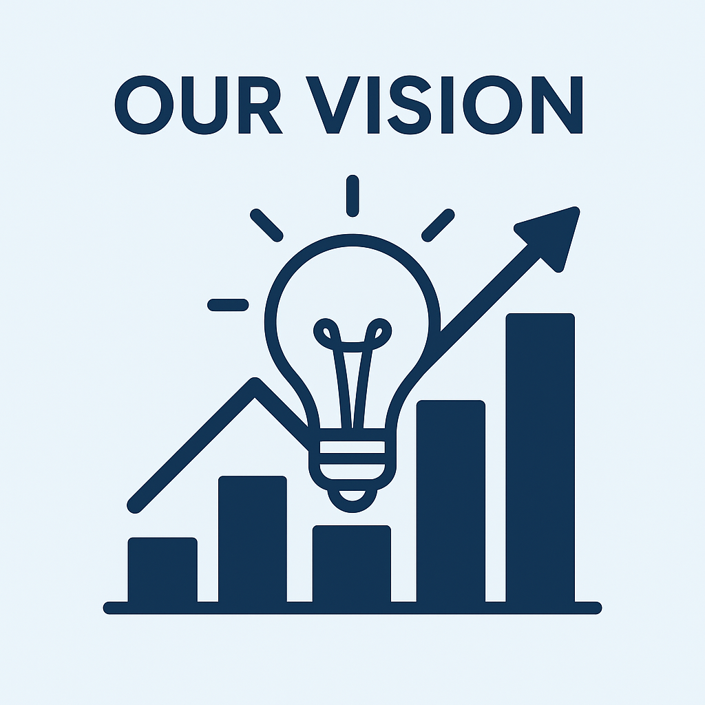 Our Vision Corporate vector illustration of a lightbulb and growth chart symbolizing innovation and progress for Digital World Tech’s vision statement.