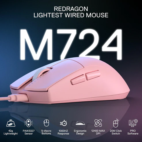 Redragon M724 Pink 12400 DPI Gaming Mouse (1) Redragon M724 Pink 12400 DPI Gaming Mouse 1