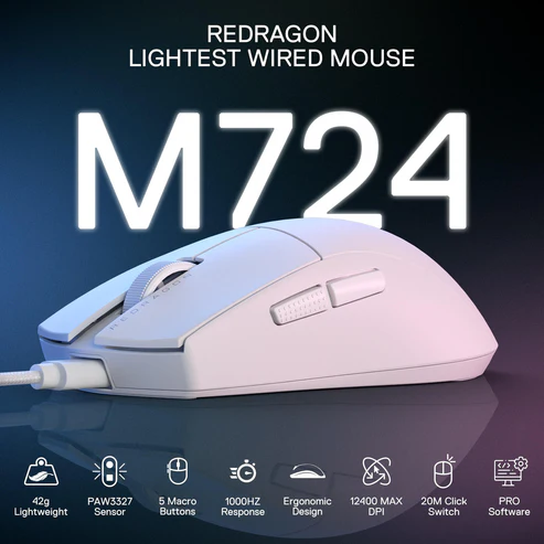 فأرة الألعاب Redragon M724 البيضاء بدقة 12400 نقطة في البوصة (1) فأرة الألعاب Redragon M724 البيضاء بدقة 12400 نقطة في البوصة