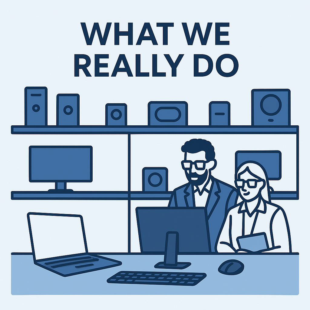 what We Really Do Corporate modern vector illustration showing Digital World Tech workspace with computers and devices, representing “What We Really Do”.