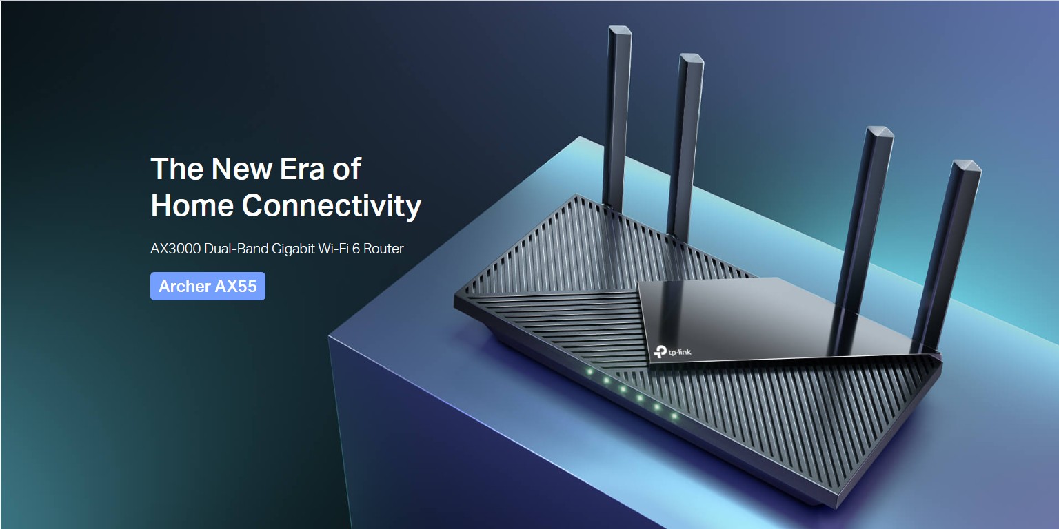 TP-Link Archer AX55 Pro AX3000 Wi-Fi 6 dual-band router with external antennas and Gigabit ports