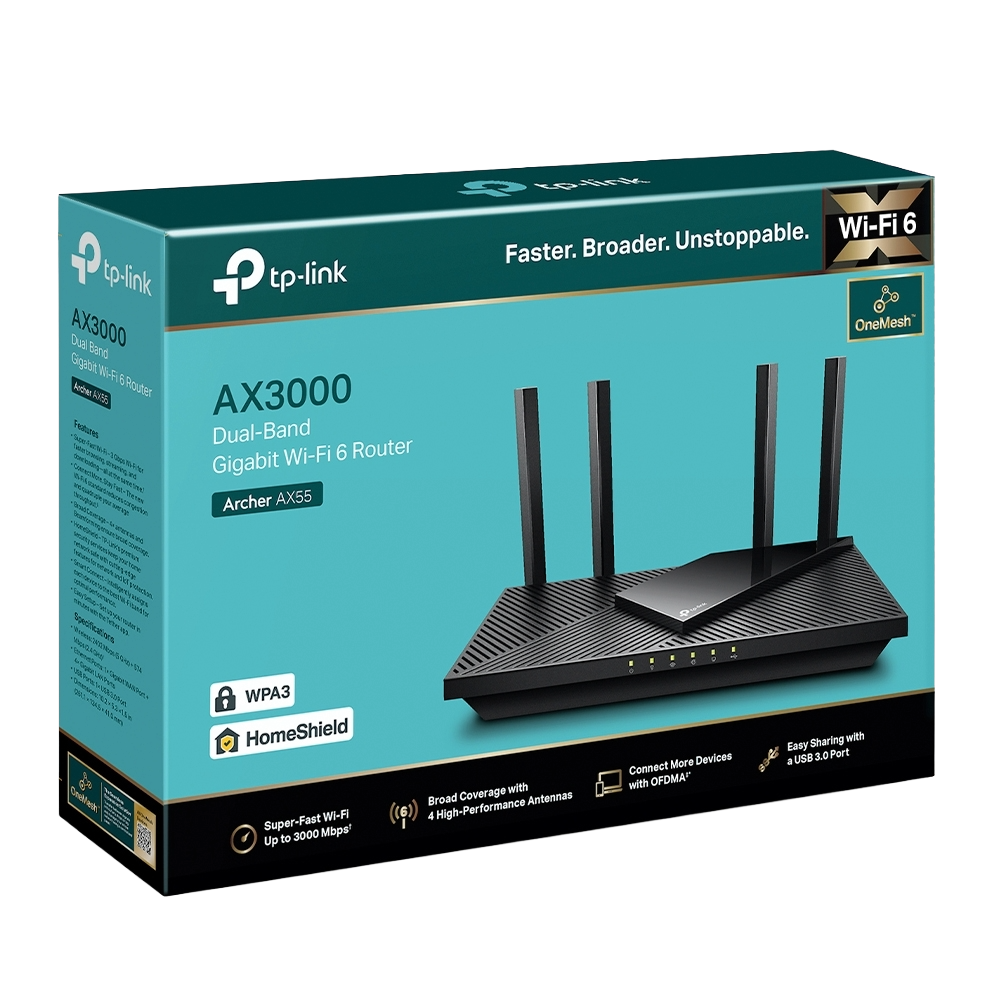 TP-Link Archer AX55 Pro AX3000 Wi-Fi 6 dual-band router with external antennas and Gigabit ports