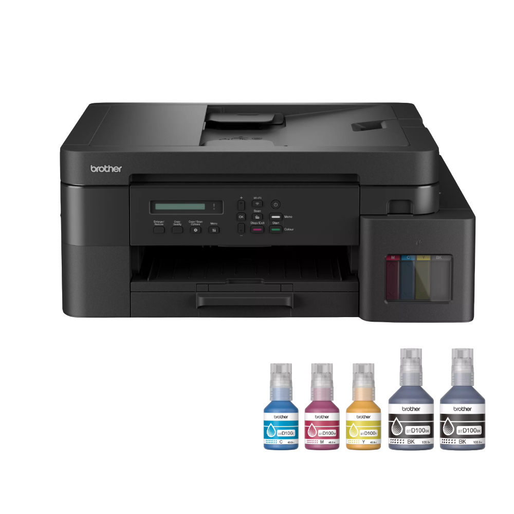 Brother DCP-T830DW Ink Tank Printer with dual band WiFi, duplex printing, and 20-sheet ADF. Brother DCP-T830DW Ink Tank Printer – Wireless Duplex All-in-One