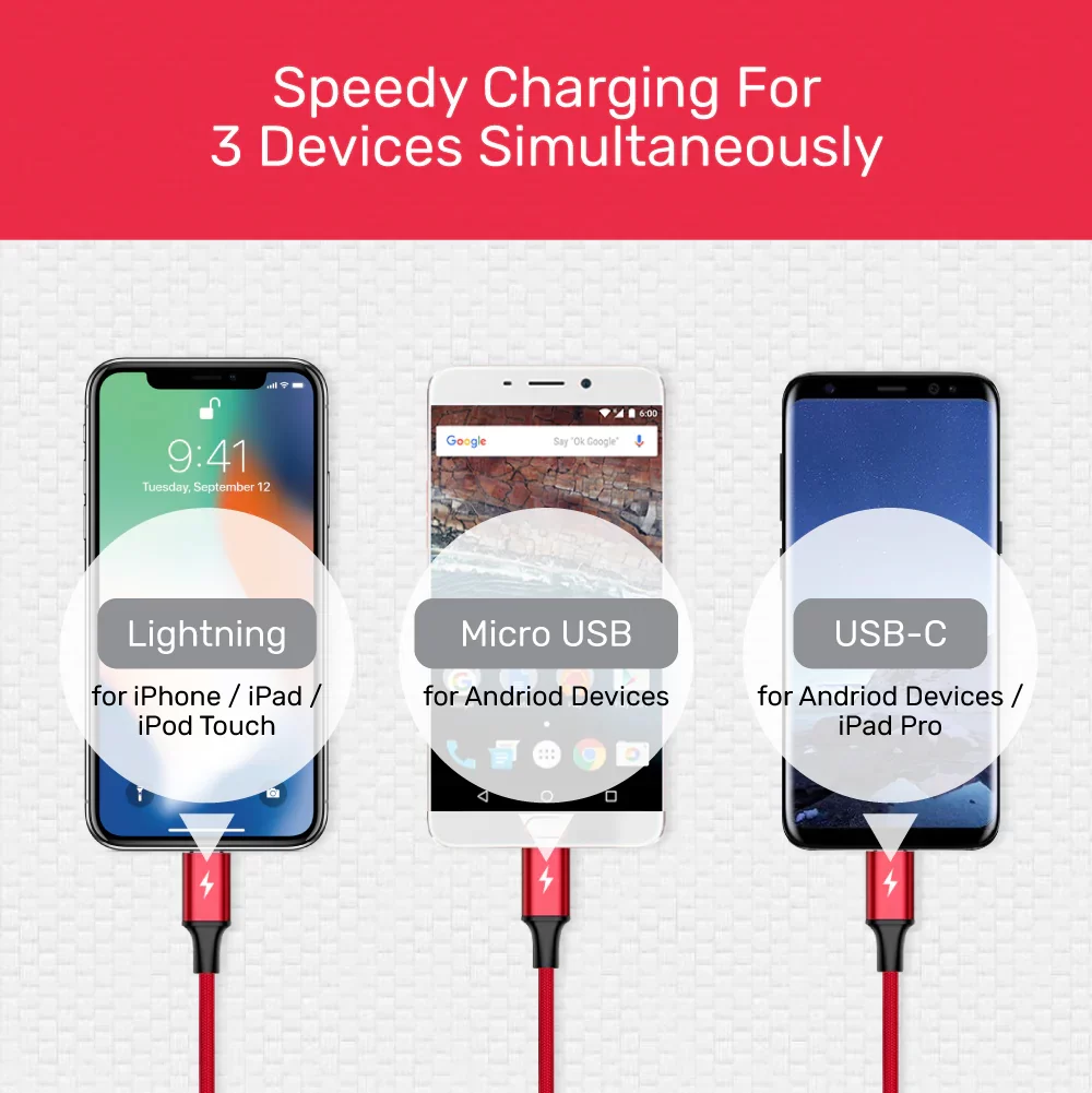 UNITEK 3-in-1 Multi Charging Cable UNITEK 3-in-1 USB-A to USB-C / Micro USB / Lightning charging cable