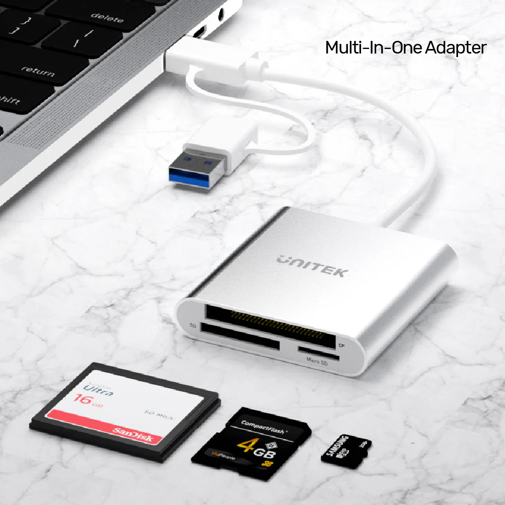UNITEK Y-9313D USB3.0 Card Reader – High-Speed Data Hub - كارت ريدر 4 UNITEK Y-9313D USB3.0 Card Reader 3-Port Memory Card Reader with USB-C Adapter – High-speed multi-format card reader