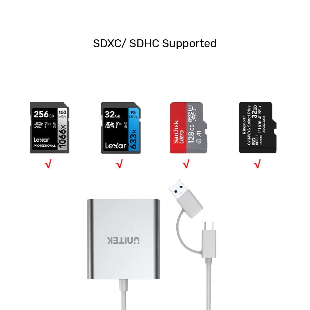 UNITEK Y-9313D USB3.0 Card Reader – High-Speed Data Hub - كارت ريدر 6 UNITEK Y-9313D USB3.0 Card Reader 3-Port Memory Card Reader with USB-C Adapter – High-speed multi-format card reader