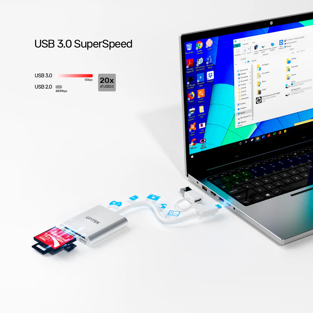 UNITEK Y-9313D USB3.0 Card Reader – High-Speed Data Hub - كارت ريدر 5 UNITEK Y-9313D USB3.0 Card Reader 3-Port Memory Card Reader with USB-C Adapter – High-speed multi-format card reader