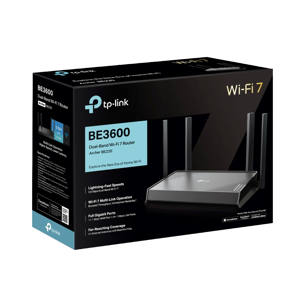 TP-Link Archer BE220 BE3600 Dual-Band Wi-Fi 7 Router, Gigabit Internet Router, VPN Client & Server, EasyMesh Compatible, HomeShield TP-Link Archer BE220 BE3600 Dual-Band Wi-Fi 7 Router with Gigabit Ports, EasyMesh, VPN, and HomeShield