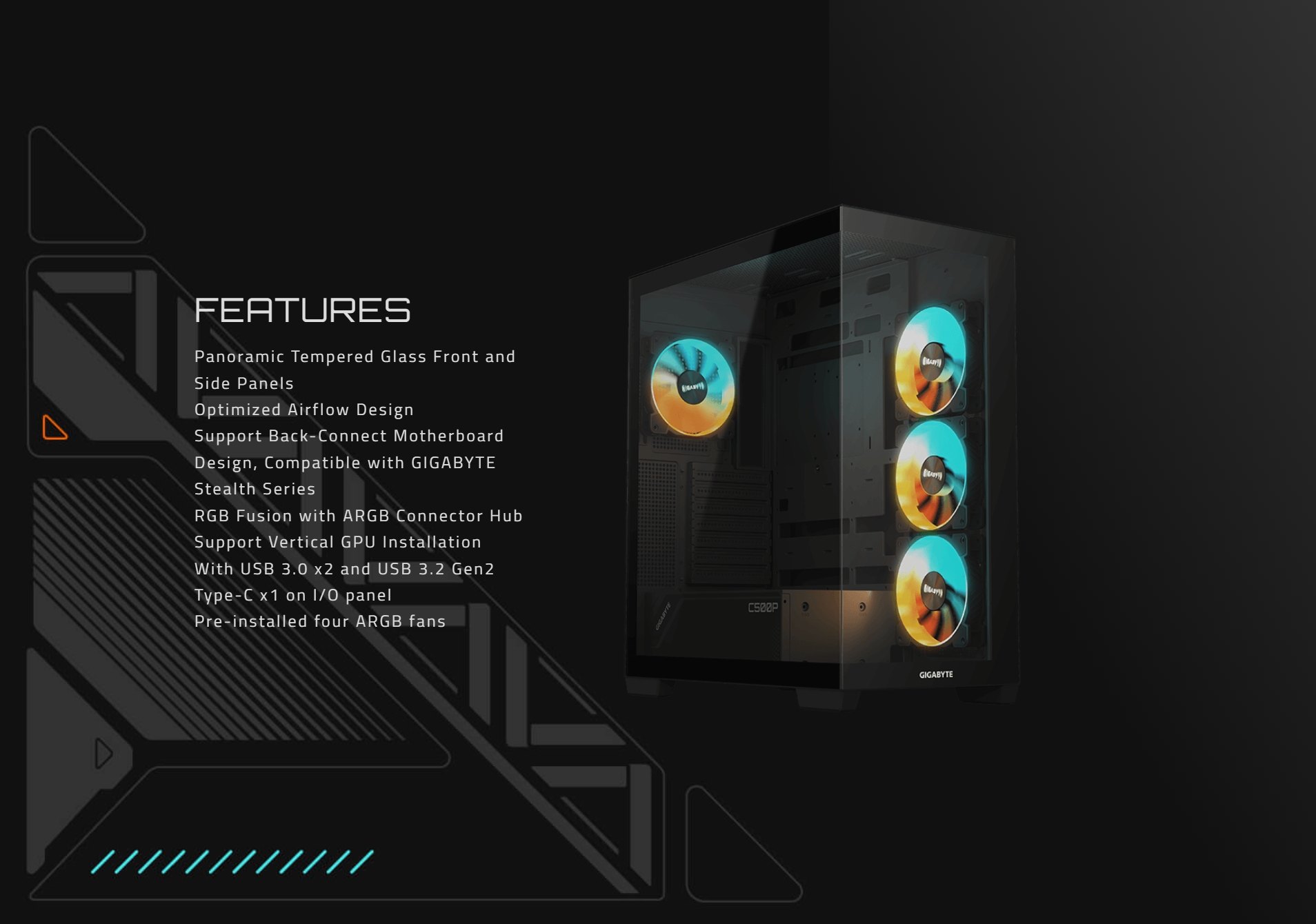 Gigabyte C500 Panoramic Stealth ATX Case USB-C (6) Gigabyte C500 Panoramic Stealth ATX Case USB C 6