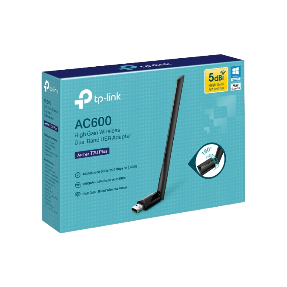 TP-Link Archer T2U Plus AC600 Wireless USB Adapter | تركيبة واي فاي 1 TP-Link Archer T2U Plus AC600 High Gain Wireless Dual Band USB Adapter 433 Mbps 5 GHz 200 Mbps 2.4 GHz High-Gain Antenna
