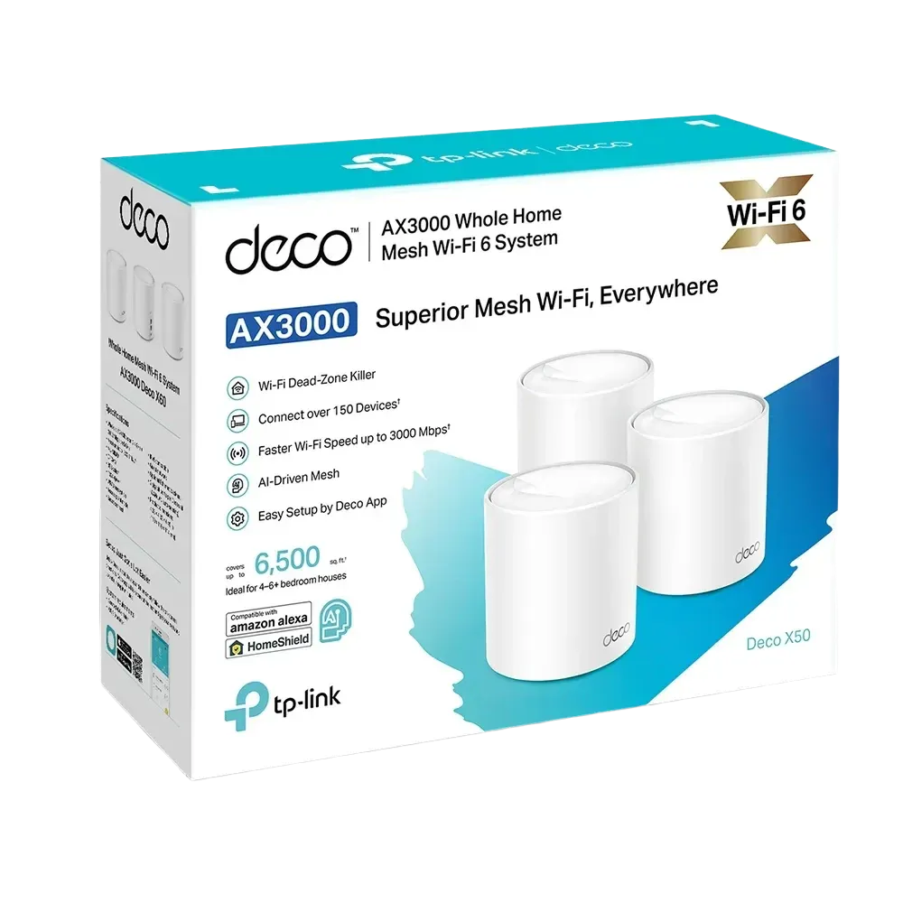 TP-Link Deco X50 AX3000 Wi-Fi 6 System 3 Pack | موسع شبكة 3 قطع 1 TP-Link Deco X50 AX3000 Whole Home Mesh Wi-Fi 6 System with 3 Gigabit Ports and HomeShield