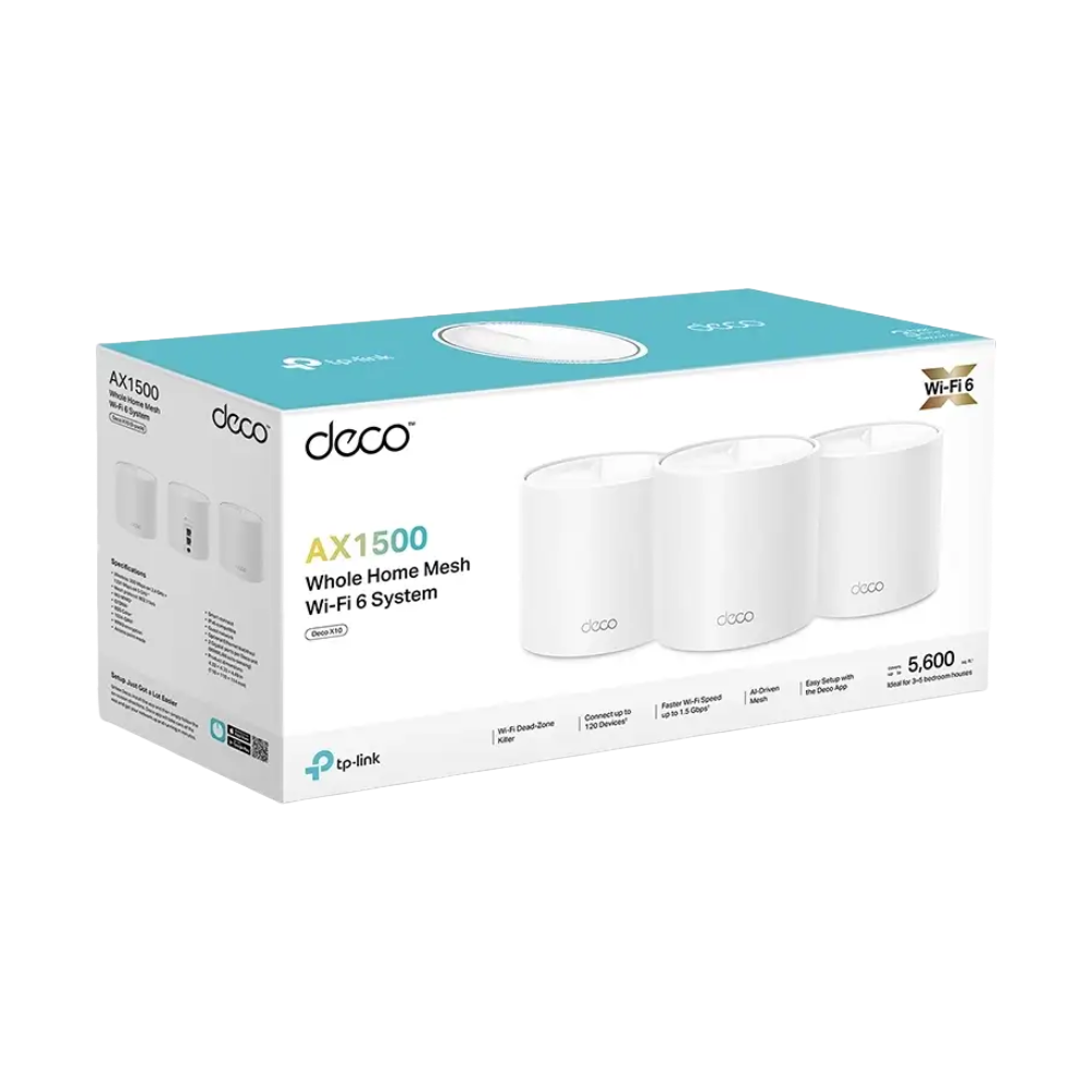 TP-Link Deco X10 AX1500 Wi-Fi 6 System 3-Pack | موسع شبكة 3 قطع 1 TP-Link Deco X10 AX1500 Whole Home Mesh Wi-Fi 6 System with dual band mesh coverage and 2 Gigabit ports