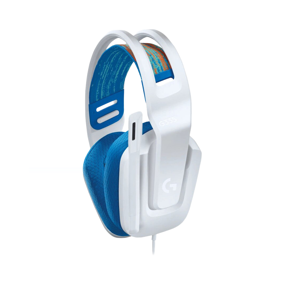 Logitech G335 Wired Gaming Headset White 40mm Drivers 3.5mm Jack 1 Front view of the Logitech G335 Wired Gaming Headset in white, showing the earcups and adjustable headband.