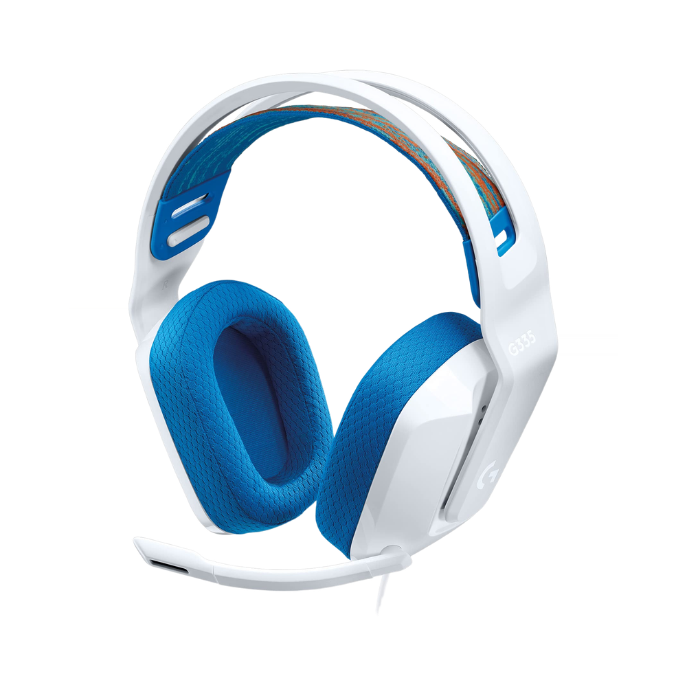 Logitech G335 Wired Gaming Headset White 40mm Drivers 3.5mm Jack 3 Front view of the Logitech G335 Wired Gaming Headset in white, showing the earcups and adjustable headband.
