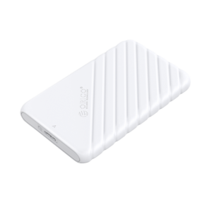 ORICO 2.5 inch HDD Enclosure in white shown in a clean product view, highlighting its compact external storage design.