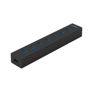 Orico 7-Port USB 3.0 Hub with 5V2A power adapter shown in a clean product view, highlighting its multi-port connectivity design.